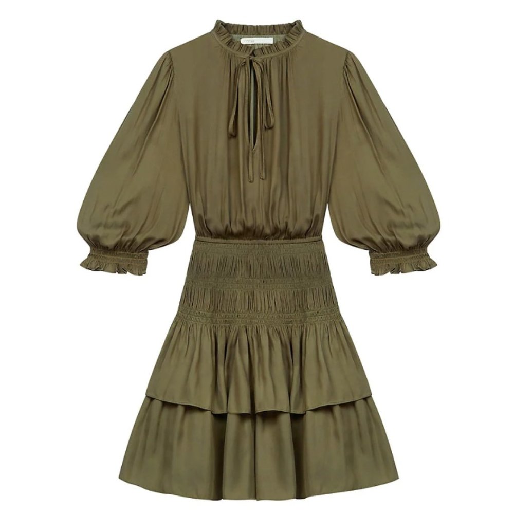 Maje Green Silky Gathered Tie-Neck Smocked Mini Dress Size 8 (Size 40)